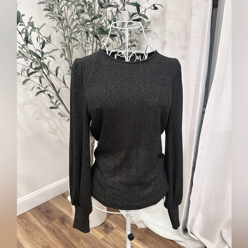 Boden Sparkle Puff Sleeve Sweater Crew Neck Wool Cashmere Black Sz 8 NWT